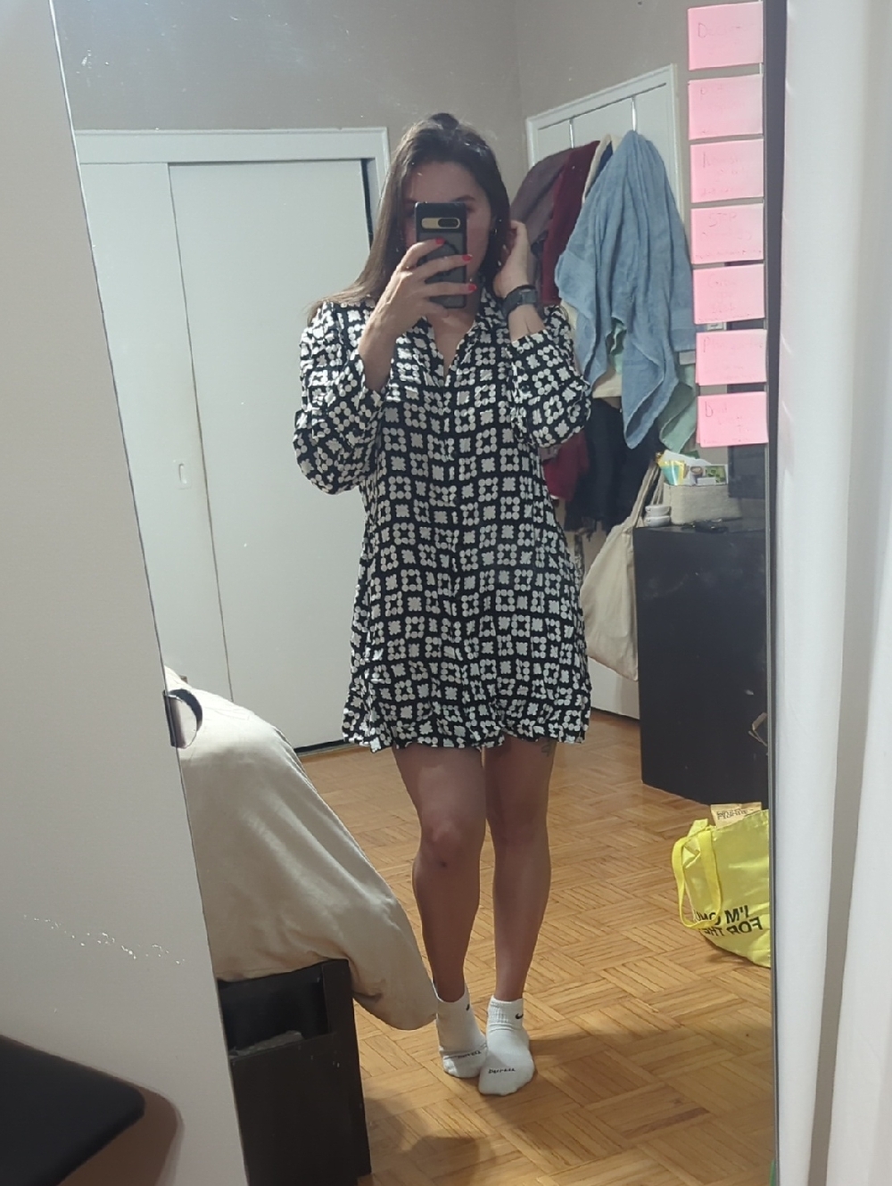 Zara Black and White Printed Long-Sleeve Mini Dress